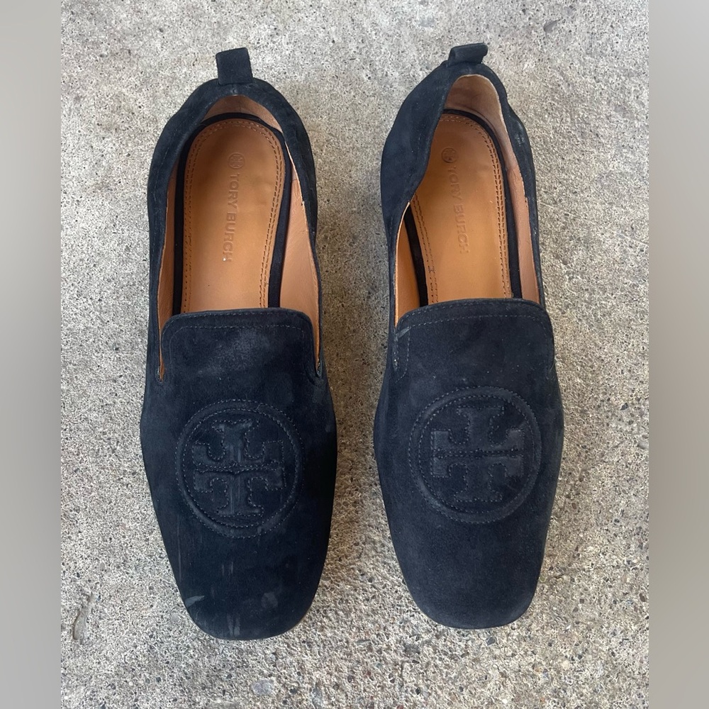 Tory Burch Leigh Silk Suede Loafer Slip On Elastic Heel Black Size 9.5